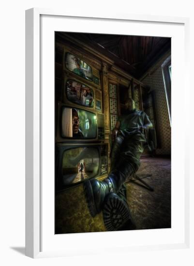 Male Figure in Abandoned Building with Televisions-Nathan Wright-Framed Photographic Print