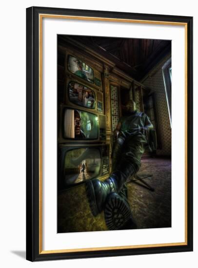 Male Figure in Abandoned Building with Televisions-Nathan Wright-Framed Photographic Print