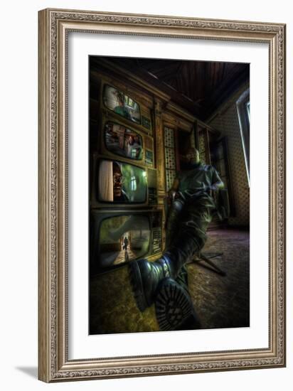 Male Figure in Abandoned Building with Televisions-Nathan Wright-Framed Photographic Print