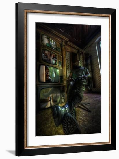 Male Figure in Abandoned Building with Televisions-Nathan Wright-Framed Photographic Print