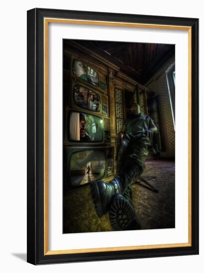 Male Figure in Abandoned Building with Televisions-Nathan Wright-Framed Photographic Print