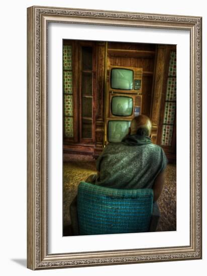 Male Figure in Abandoned Building with Televisions-Nathan Wright-Framed Photographic Print