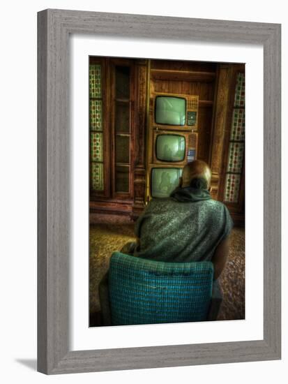 Male Figure in Abandoned Building with Televisions-Nathan Wright-Framed Photographic Print