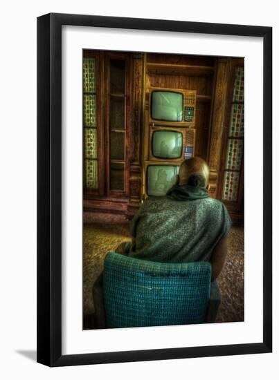 Male Figure in Abandoned Building with Televisions-Nathan Wright-Framed Photographic Print