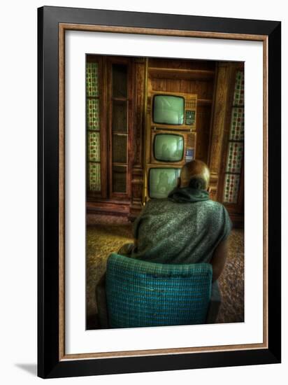 Male Figure in Abandoned Building with Televisions-Nathan Wright-Framed Photographic Print