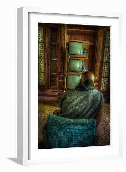 Male Figure in Abandoned Building with Televisions-Nathan Wright-Framed Photographic Print