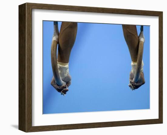 Male Gymnast Competing on Rings in Men's Qualification, 2004 Olympic Summer Games, Athens, Greece,-Steven Sutton-Framed Photographic Print