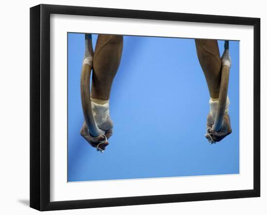 Male Gymnast Competing on Rings in Men's Qualification, 2004 Olympic Summer Games, Athens, Greece,-Steven Sutton-Framed Photographic Print