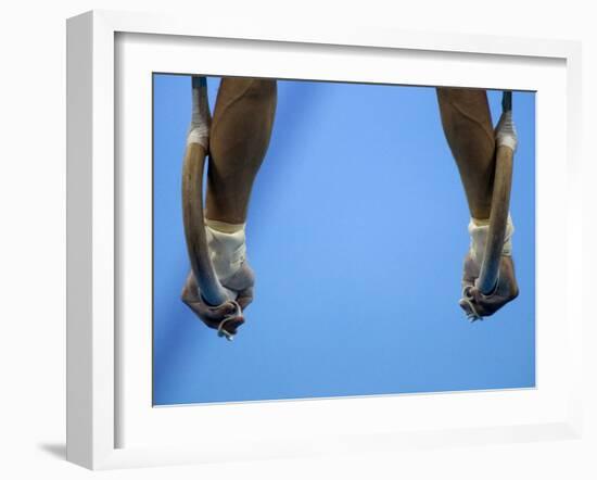 Male Gymnast Competing on Rings in Men's Qualification, 2004 Olympic Summer Games, Athens, Greece,-Steven Sutton-Framed Photographic Print