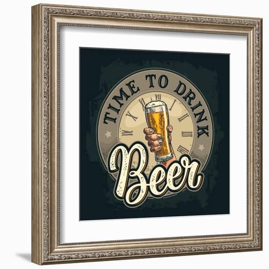 Male Hand Holding A Beer Glass. Born to Drink Lettering. Vintage Color Vector Engraving Illustratio-MoreVector-Framed Art Print