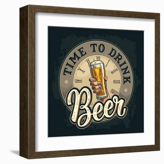 Male Hand Holding A Beer Glass. Born to Drink Lettering. Vintage Color Vector Engraving Illustratio-MoreVector-Framed Art Print