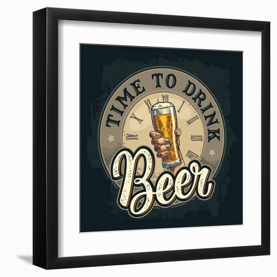 Male Hand Holding A Beer Glass. Born to Drink Lettering. Vintage Color Vector Engraving Illustratio-MoreVector-Framed Art Print