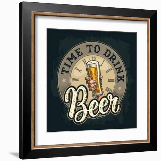 Male Hand Holding A Beer Glass. Born to Drink Lettering. Vintage Color Vector Engraving Illustratio-MoreVector-Framed Art Print