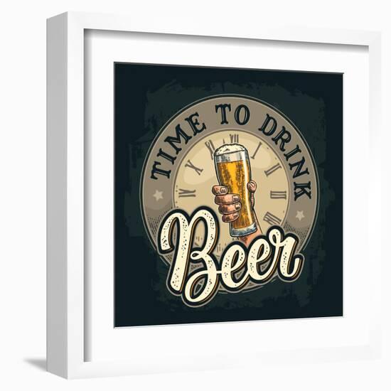 Male Hand Holding A Beer Glass. Born to Drink Lettering. Vintage Color Vector Engraving Illustratio-MoreVector-Framed Art Print