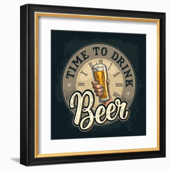 Male Hand Holding A Beer Glass. Born to Drink Lettering. Vintage Color Vector Engraving Illustratio-MoreVector-Framed Art Print