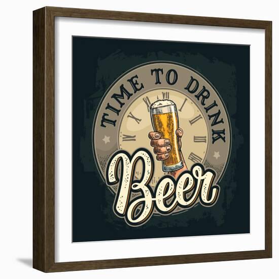 Male Hand Holding A Beer Glass. Born to Drink Lettering. Vintage Color Vector Engraving Illustratio-MoreVector-Framed Art Print