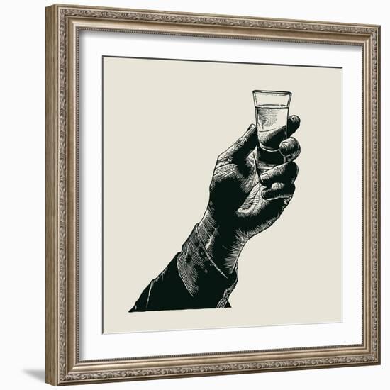 Male Hand Holding a Shot of Alcohol Drink. Hand Drawn Design Element. Engraving Style. Vector Illus-jumpingsack-Framed Art Print