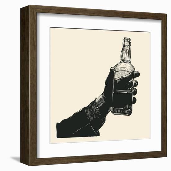 Male Hand Holding Bottle of Whiskey. Hand Drawn Design Element. Engraving Style. Vector Illustratio-jumpingsack-Framed Art Print