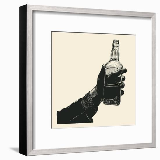 Male Hand Holding Bottle of Whiskey. Hand Drawn Design Element. Engraving Style. Vector Illustratio-jumpingsack-Framed Art Print