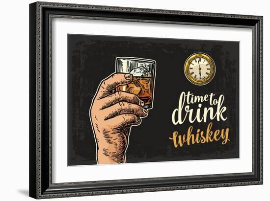 Male Hand Holding Glass Whiskey and Antique Pocket Watch. Vintage Vector Engraving Illustration For-MoreVector-Framed Art Print