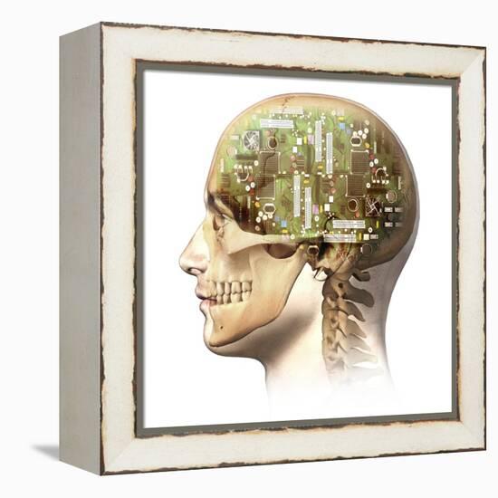 Male Human Head with Skull and Artificial Electronic Circuit Brain-null-Framed Stretched Canvas