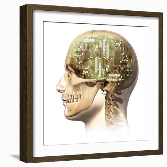 Male Human Head with Skull and Artificial Electronic Circuit Brain-null-Framed Art Print