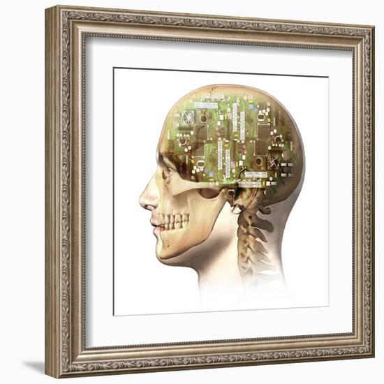 Male Human Head with Skull and Artificial Electronic Circuit Brain-null-Framed Art Print