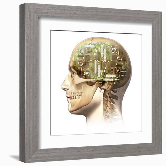 Male Human Head with Skull and Artificial Electronic Circuit Brain-null-Framed Art Print