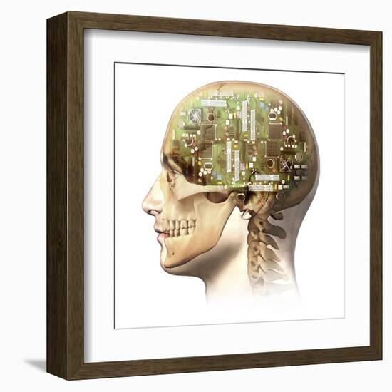 Male Human Head with Skull and Artificial Electronic Circuit Brain-null-Framed Art Print