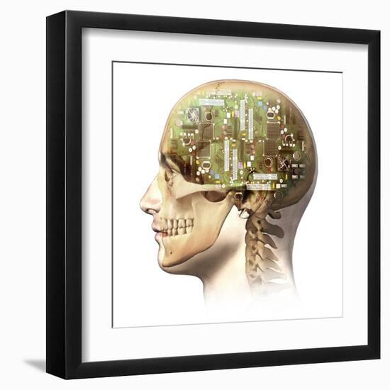 Male Human Head with Skull and Artificial Electronic Circuit Brain-null-Framed Art Print