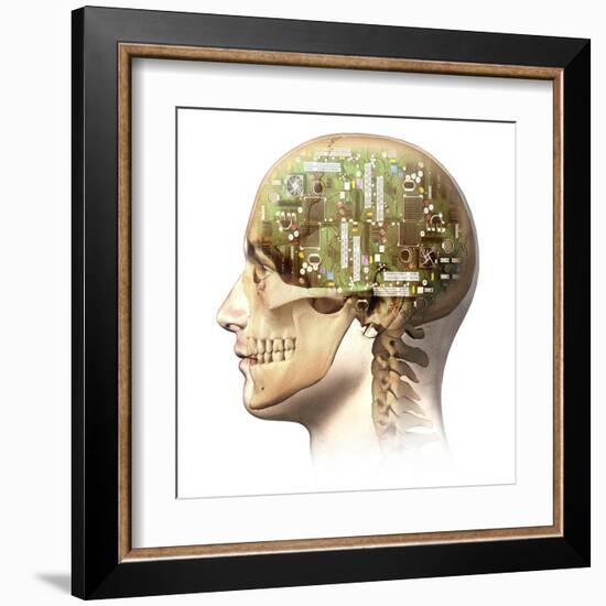 Male Human Head with Skull and Artificial Electronic Circuit Brain-null-Framed Art Print