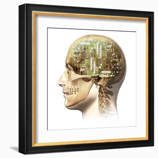 Male Human Head with Skull and Artificial Electronic Circuit Brain-null-Framed Art Print