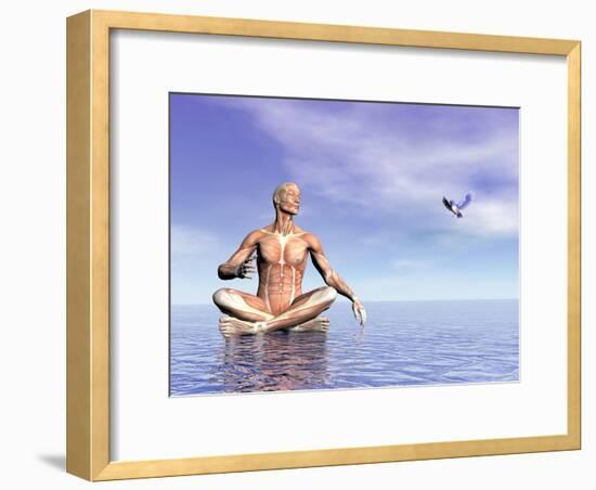 Male Musculature in Lotus Position While Looking at a Little Bird Flying-null-Framed Art Print