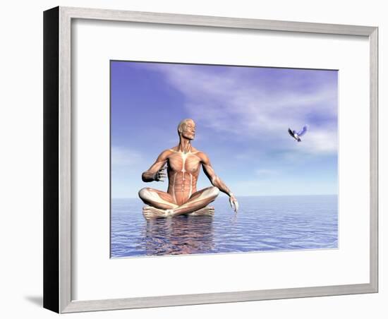 Male Musculature in Lotus Position While Looking at a Little Bird Flying-null-Framed Art Print