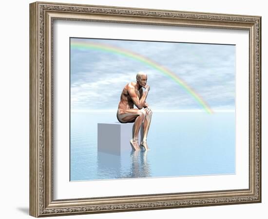 Male Musculature Sitting on a Cube, Thinking under a Rainbow-null-Framed Art Print