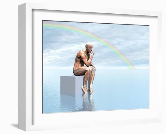 Male Musculature Sitting on a Cube, Thinking under a Rainbow-null-Framed Art Print