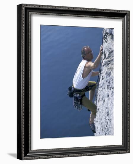 Male Rock Climber Reaching for a Grip-null-Framed Photographic Print