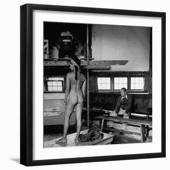 Male Student Sketching Nude Female Model During Life Class at Skowhegan Art School-Eliot Elisofon-Framed Photographic Print