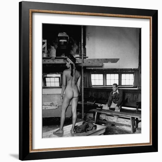 Male Student Sketching Nude Female Model During Life Class at Skowhegan Art School-Eliot Elisofon-Framed Photographic Print