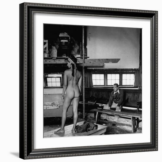 Male Student Sketching Nude Female Model During Life Class at Skowhegan Art School-Eliot Elisofon-Framed Photographic Print