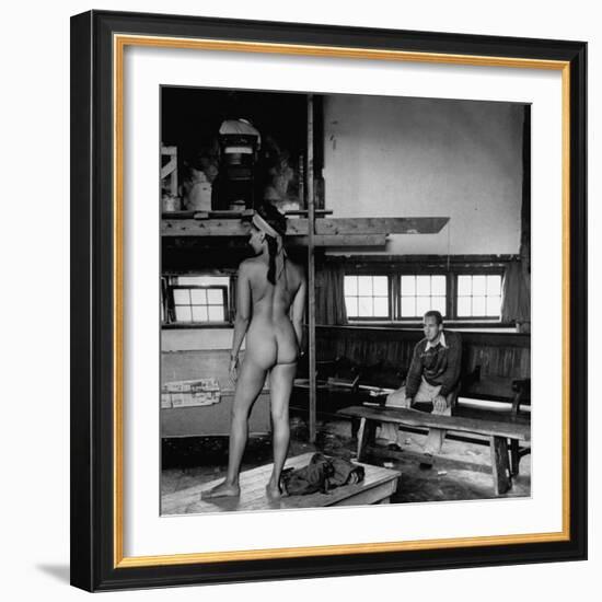 Male Student Sketching Nude Female Model During Life Class at Skowhegan Art School-Eliot Elisofon-Framed Photographic Print