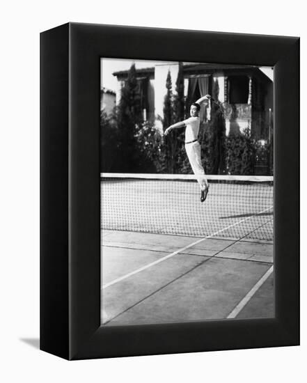 Male Tennis Player Jumping for Shot-null-Framed Stretched Canvas