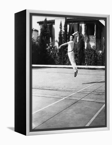 Male Tennis Player Jumping for Shot-null-Framed Stretched Canvas