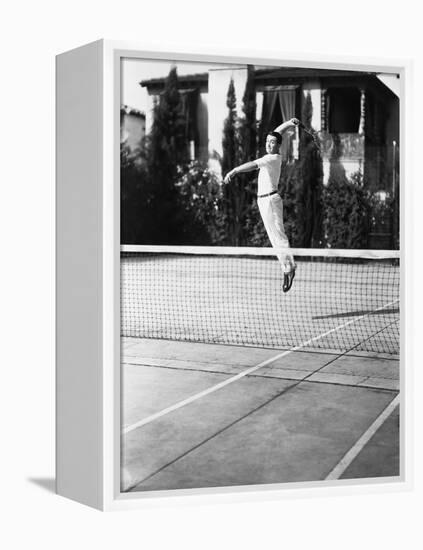 Male Tennis Player Jumping for Shot-null-Framed Stretched Canvas