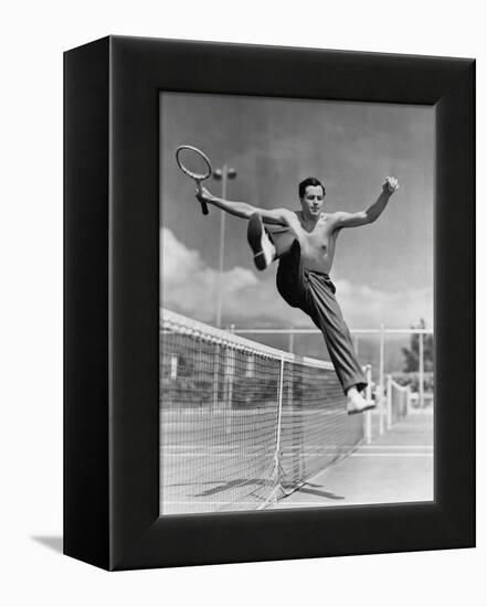 Male Tennis Player Jumping over Net-null-Framed Stretched Canvas