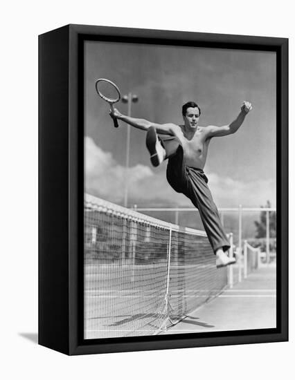 Male Tennis Player Jumping over Net-null-Framed Stretched Canvas