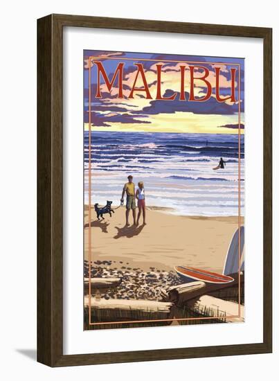 Malibu, California - Beach Scene and Surfers-Lantern Press-Framed Premium Giclee Print