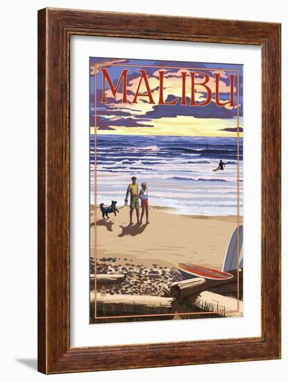 Malibu, California - Beach Scene and Surfers-Lantern Press-Framed Premium Giclee Print