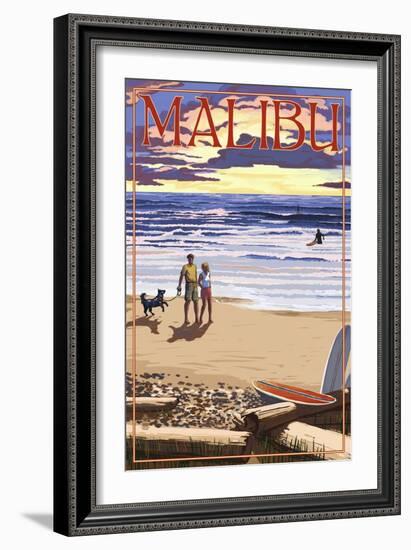 Malibu, California - Beach Scene and Surfers-Lantern Press-Framed Premium Giclee Print