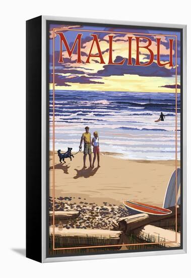 Malibu, California - Beach Scene and Surfers-Lantern Press-Framed Stretched Canvas